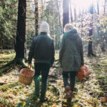 Two people walking in the woods in autumn with baskets.